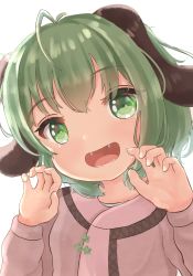 Rule 34 | 1girl, :d, animal ears, antenna hair, bad id, bad pixiv id, commentary, dog ears, fangs, green eyes, green hair, highres, kasodani kyouko, long sleeves, looking at viewer, lower teeth only, medium hair, mukaino kei, open mouth, paw pose, simple background, smile, teeth, touhou, white background