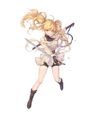 Rule 34 | 1girl, ahoge, ankle boots, bare shoulders, black footwear, black shorts, blonde hair, boots, brown eyes, granblue fantasy, hair between eyes, highres, holding, holding sword, holding weapon, long hair, looking at viewer, monika weisswind, off shoulder, scabbard, sheath, shirt, shorts, simple background, solo, swd3e2, sword, twintails, weapon, white background, white shirt