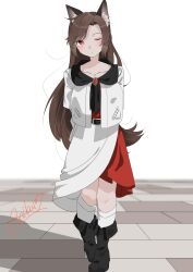 Rule 34 | 1girl, absurdres, adapted costume, animal ear fluff, animal ears, arms behind back, black footwear, blush, boots, breasts, brown hair, closed mouth, commentary request, dress, expressionless, full body, highres, imaizumi kagerou, large breasts, layered skirt, long hair, looking at viewer, ninniku (mfu7324), one eye closed, red dress, red eyes, shirt, signature, skirt, socks, solo, tile floor, tiles, touhou, very long hair, white shirt, white skirt, white socks, wolf ears, wolf girl