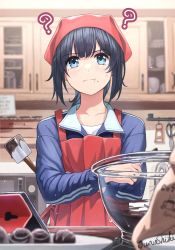 Rule 34 | 1girl, ?, apron, black hair, blue eyes, bowl, chocolate, chocolate making, commentary request, crossed arms, glass bowl, highres, junshiki, kitchen, original, solo, spatula, spoon, sweat, tablet pc, twitter username