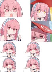 Rule 34 | 1girl, absurdres, anger vein, azur lane, blush, chain, chibi, expressions, fang, highres, jewelry, long hair, maid headdress, necklace, nicknameokupied, open mouth, perseus (azur lane), pink eyes, pink hair, smile, star-shaped pupils, star (symbol), symbol-shaped pupils, thumbs up, white background