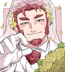 Rule 34 | 1boy, bara, blue eyes, blush, border, bridal veil, claude (housamo), closed mouth, collared shirt, commentary, facial hair, falling petals, flower, gloves, goatee, highres, hokke (ynukk 523), laurel crown, long sideburns, looking at viewer, male focus, mature male, outside border, petals, pink background, reaching, reaching towards viewer, red flower, red hair, red rose, rose, shirt, short hair, sideburns, smile, solo, symbol-only commentary, thick eyebrows, tokyo houkago summoners, upper body, veil, white border, white gloves, white shirt, yellow flower, yellow rose