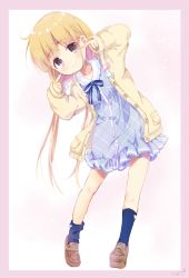 Rule 34 | 1girl, ahoge, beige cardigan, blonde hair, blue bow, blue dress, blue socks, blush, border, bow, brown eyes, brown footwear, buttons, candy, cardigan, closed mouth, collarbone, collared dress, dot nose, dress, food, frilled dress, frills, full body, futaba anzu, hair bow, highres, idolmaster, idolmaster cinderella girls, idolmaster cinderella girls starlight stage, kneehighs, leaning to the side, loafers, long hair, looking at viewer, low twintails, mearian, pointing, pointing at self, shoes, sidelocks, signature, sleeves past wrists, smile, socks, solo, standing, striped, striped bow, twintails, white background