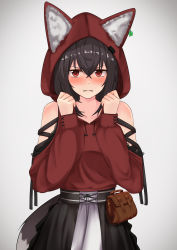 Rule 34 | 1girl, absurdres, animal ears, animal hood, bare shoulders, belt, belt pouch, black hair, black skirt, blush, braid, clenched hands, commentary request, fox ears, fox girl, fox tail, hair between eyes, highres, hololive, hood, hoodie, kurokami fubuki, looking at viewer, micon, pouch, red eyes, red hoodie, sidelocks, simple background, single braid, skirt, solo, tail, virtual youtuber, wavy mouth, white background