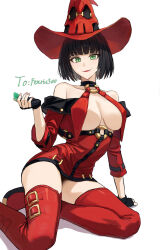 Rule 34 | 1girl, bare shoulders, black hair, breasts, commission, dress, fingerless gloves, gloves, green eyes, guilty gear, guilty gear strive, hat, highres, i-no, large breasts, looking at viewer, mole, mole under eye, purple z, red dress, red hat, red thighhighs, smile, solo, thighhighs, underboob, white background, witch hat