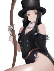 Rule 34 | 1other, bare shoulders, black hair, gloves, guilty gear, guilty gear strive, hat, highres, other focus, red eyes, scythe, serious, straight hair, testament (guilty gear), thighs, top hat, user etvy5288