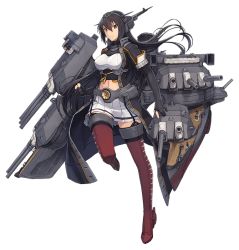 Rule 34 | 10s, 1girl, black hair, boots, breasts, clenched hands, coat, fingerless gloves, full body, garter straps, gloves, hair between eyes, headgear, kantai collection, kikumon, large breasts, long hair, looking at viewer, machinery, midriff, midriff peek, miniskirt, nagato (kancolle), nagato kai ni (kancolle), official art, pleated skirt, red eyes, red footwear, rigging, rudder footwear, shizuma yoshinori, skirt, smile, smokestack, solo, striped clothes, striped footwear, striped skirt, thigh boots, thighhighs, transparent background, turret, white skirt, zettai ryouiki