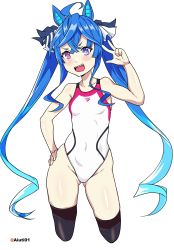 Rule 34 | 1girl, @ @, absurdres, ahoge, aiuti, animal ears, black thighhighs, blue eyes, blue hair, breasts, commentary request, competition swimsuit, contrapposto, crossed legs, heterochromia, highres, horse ears, horse girl, horse tail, long hair, looking at viewer, one-piece swimsuit, purple eyes, sharp teeth, sidelocks, simple background, small breasts, solo, standing, swimsuit, tail, teeth, thighhighs, twin turbo (umamusume), twintails, umamusume, v, white background, white one-piece swimsuit