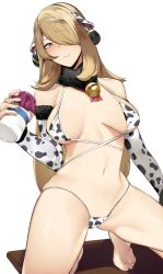 Rule 34 | 1girl, animal ears, animal print, barefoot, bell, bikini, blonde hair, blush, bottle, breasts, closed mouth, commentary, cow ears, cow print, creatures (company), cynthia (pokemon), elbow gloves, fingerless gloves, fur collar, game freak, gloves, grey hair, hair ornament, hair over one eye, highres, holding, holding bottle, jingle bell, looking at viewer, medium breasts, micro bikini, milk bottle, moomoo milk, navel, neck bell, nintendo, pokemon, pokemon dppt, simple background, skindentation, solo, squatting, swimsuit, symbol-only commentary, white background, yuuyuu (yuuki1771)