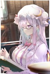 Rule 34 | 1girl, absurdres, bespectacled, black-framed eyewear, blue bow, blush, book, bow, closed mouth, crescent, crescent hat ornament, dress, glasses, hair between eyes, hair bow, hat, hat ornament, highres, holding, holding book, iyo (ya na kanji), long hair, long sleeves, mob cap, open book, patchouli knowledge, purple dress, purple eyes, purple hair, purple hat, reading, red bow, sidelocks, solo, striped clothes, striped dress, touhou, vertical-striped clothes, vertical-striped dress