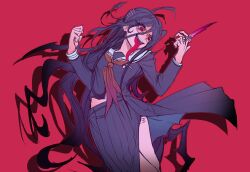 Rule 34 | 1girl, :d, absurdres, ahoge, black hair, black shirt, braid, chottong-gyogeub jjimging, danganronpa (series), danganronpa another episode: ultra despair girls, fukawa toko, genocider shou, glasses, hair ornament, hairclip, hands up, highres, holding, holding scissors, long hair, long tongue, neckerchief, open mouth, pleated skirt, red background, red eyes, red neckerchief, school uniform, scissors, serafuku, shirt, simple background, skirt, smile, teeth, tongue, tongue out, twin braids, upper teeth only