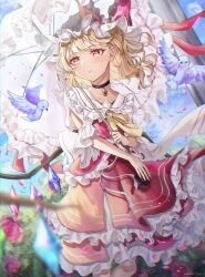 Rule 34 | 1girl, absurdres, adapted costume, bird, bird request, black choker, blonde hair, bloom, choker, chromatic aberration, collarbone, crystal, day, feet out of frame, flandre scarlet, floating hair, flower, gagaku kawa rei, hat, highres, holding, holding umbrella, light blush, long hair, looking to the side, mob cap, outdoors, parted lips, pointy ears, purple flower, red flower, red skirt, red vest, skirt, skirt set, solo, teeth, touhou, umbrella, vest, wings