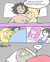 Rule 34 | 3boys, 4girls, :|, adventure time, adventure time: fionna and cake, afterglow, artist name, awake, awkward, bags under eyes, beard, bed sheet, black hair, blank eyes, blonde hair, blush, breasts, camisole, cleavage, closed eyes, closed mouth, constricted pupils, couple, expressionless, facial hair, finn the human, green hair, grey shirt, half-closed eyes, highres, huntress wizard, implied after sex, lying, marceline abadeer, medium breasts, medium hair, messy hair, minerva campbell, multicolored hair, multiple boys, multiple girls, naked sheet, old, old man, on back, on bed, parody, pillow, pink hair, pink shirt, plant hair, princess bonnibel bubblegum, prismo, purple camisole, shirt, short hair, simon petrikov, sleeveless, sleeveless shirt, solid oval eyes, spanish text, streaked hair, sweat, the simpsons, thecooleralexico, translated, vampire, white hair, wide-eyed, worried, yuri