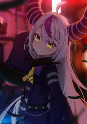 Rule 34 | 1girl, absurdres, ahoge, ascot, bad id, bad pixiv id, collar, demon horns, dress, feathers, grin, hair between eyes, highres, hololive, holox, horns, la+ darknesss, long hair, long sleeves, looking at viewer, metal collar, multicolored hair, purple hair, shyi, silver hair, sleeves past fingers, sleeves past wrists, smile, solo, streaked hair, striped horns, v-shaped eyebrows, very long hair, virtual youtuber, yellow ascot, yellow eyes