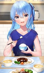 Rule 34 | 1girl, absurdres, blender (object), blue eyes, blue hair, blue shirt, blush, bowl, casual, chopsticks, collarbone, eating, food, hair between eyes, highres, holding, holding chopsticks, hololive, hoshimachi suisei, indoors, light particles, long hair, looking at viewer, microwave, open mouth, plate, rice, shirt, short sleeves, sitting, smile, solo focus, soup, star (symbol), star in eye, symbol in eye, table, tomozu, virtual youtuber