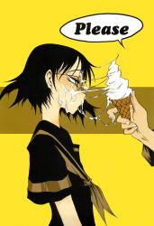 Rule 34 | 1girl, black hair, cover, cover page, dripping, female protagonist (houkago play 2), food, freckles, glasses, highres, houkago play, houkago play 2, ice cream, kurosaki rendou, official art, saliva, school uniform, sexually suggestive, short hair, solo focus, suggestive fluid, you&#039;re doing it wrong