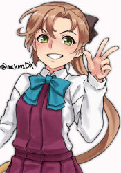 Rule 34 | 1girl, akigumo (kancolle), aqua bow, aqua bowtie, bow, bowtie, brown hair, collared shirt, dress, dress shirt, green eyes, grin, hair ribbon, highres, kantai collection, long hair, looking at viewer, maakun (makun dx), mole, mole under eye, one-hour drawing challenge, pleated dress, ponytail, purple dress, ribbon, school uniform, shirt, simple background, smile, solo, twitter username, upper body, v, white background, white shirt