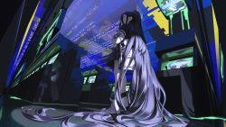 Rule 34 | 1girl, absurdly long hair, absurdres, arcade cabinet, aris (blue archive), black hair, black skirt, blue archive, blue eyes, blue screen of death, english text, from behind, full body, hair between eyes, hair ornament, halo, high tops, highres, hood, hooded jacket, jacket, long hair, long hair between eyes, long sleeves, looking up, one side up, parted lips, rui (rei leyi), shoes, skirt, sneakers, solo, very long hair, white footwear