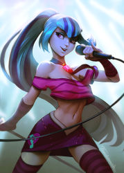 Rule 34 | 1girl, aqua hair, bare shoulders, blue hair, breasts, collar, detached sleeves, long hair, medium breasts, microphone, multicolored hair, my little pony, my little pony: equestria girls, my little pony: friendship is magic, nail polish, navel, personification, pink eyes, ponytail, signature, skirt, solo, sonata dusk, striped clothes, striped sleeves, striped thighhighs, tarakanovich, thighhighs, very long hair
