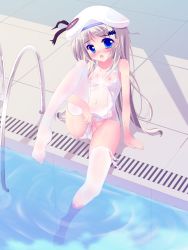 Rule 34 | 1girl, blue eyes, blush, clothes pull, clothing aside, covered navel, fang, flat chest, highres, kud wafter, little busters!, long hair, natsumiya yuzu, navel, nipples, noumi kudryavka, one-piece swimsuit, one-piece swimsuit pull, pool, poolside, pussy, school swimsuit, see-through, silver hair, sitting, soaking feet, solo, swimsuit, swimsuit aside, thighhighs, wet, wet clothes, white one-piece swimsuit, white school swimsuit, white thighhighs