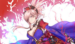 Rule 34 | 1girl, airdoor, asymmetrical hair, autumn leaves, blue eyes, blue kimono, breasts, cleavage, clothing cutout, dual wielding, earrings, fate/grand order, fate (series), hair ornament, holding, holding sword, holding weapon, japanese clothes, jewelry, katana, kimono, large breasts, leaf print, looking at viewer, magatama, maple leaf print, miyamoto musashi (fate), miyamoto musashi (third ascension) (fate), navel cutout, obi, pink hair, ponytail, sash, sheath, short kimono, sleeveless, sleeveless kimono, solo, sword, unsheathed, weapon