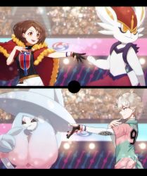 Rule 34 | 1boy, 1girl, 2koma, aged up, bede (pokemon), black gloves, black shirt, blurry, blurry background, bob cut, brown eyes, brown hair, cape, cinderace, closed mouth, comic, creatures (company), crowd, curly hair, depth of field, fur-trimmed cape, fur trim, game freak, gen 8 pokemon, gloria (pokemon), gloves, green shirt, gym leader, hand on own chest, hatterene, highres, layered sleeves, letterboxed, light particles, long sleeves, nintendo, open mouth, pink shirt, pokemon, pokemon (creature), pokemon swsh, print shirt, red cape, senta (ysk 0218), shirt, short hair, short over long sleeves, short sleeves, shorts, silver hair, single glove, smile, standing, two-tone shirt, white shorts, wristband
