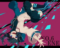 Rule 34 | 1girl, black thighhighs, blue eyes, blue hair, character name, ene (kagerou project), kagerou project, letterboxed, long hair, miniskirt, outside border, purple background, skirt, solo, tanemaki shirura, thighhighs, twintails, upside-down, vocaloid, yamaha