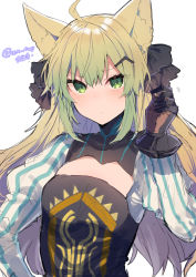 Rule 34 | 1girl, atalanta (fate), bad id, bad twitter id, black bow, black gloves, blonde hair, blush, bow, breasts, cleavage cutout, closed mouth, clothing cutout, fate/apocrypha, fate (series), gloves, gradient hair, green eyes, green hair, hair bow, hair ornament, hairclip, hand up, ikeuchi tanuma, juliet sleeves, long sleeves, motion lines, multicolored hair, puffy sleeves, simple background, small breasts, solo, twitter username, upper body, white background