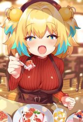 Rule 34 | + +, 1girl, :3, alternate costume, belt, blonde hair, blue eyes, blue hair, blurry, blurry background, blush, bombergirl, breasts, cake, commentary request, cup, dessert, fangs, fisheye, food, fruit, grenade hair ornament, hair ornament, highres, holding, holding spoon, ice, ice cube, large breasts, long sleeves, msp sammy, multicolored hair, open mouth, pine (bombergirl), plate, pov, red sweater, ribbed sweater, short hair, sitting, skin fangs, solo, spoon, suspenders, sweater, symbol-shaped pupils, table, turtleneck, turtleneck sweater, two-tone hair, yellow pupils