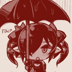 Rule 34 | 1girl, backbeako (torotei), backbeard, chibi, commentary request, dress, elbow gloves, gegege no kitarou, gloves, hair over one eye, hair ribbon, holding, holding umbrella, jitome, long hair, looking at viewer, monochrome, open mouth, original, pointy ears, rain, ribbon, simple background, sleeveless, sleeveless dress, solo, straight-on, torotei, twintails, umbrella, upper body