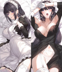 Rule 34 | 1girl, apron, armpits, bare shoulders, bed, bed sheet, black hair, blush, breasts, cleavage, commentary request, dress, garter belt, garter straps, gloves, hair between eyes, highres, kfr, large breasts, long hair, long sleeves, maid, maid apron, maid headdress, mole, mole on breast, navel, open mouth, original, panties, pillow, purple eyes, saliva, thighhighs, thighs, underwear, white gloves, white panties