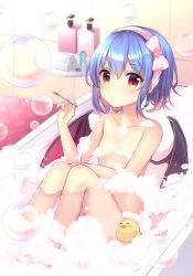 Rule 34 | 1girl, absurdres, bat wings, bathing, bathtub, blue hair, blush, bow, bubble, censored, censored nipples, collarbone, commentary request, convenient censoring, dot nose, hair between eyes, hairband, highres, indoors, nude, pink bow, pink hairband, red eyes, remilia scarlet, rubber duck, ruhika, short hair, sitting, soap bubbles, solo, touhou, towel, wings