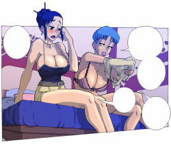 Rule 34 | 2girls, breasts, brown hair, bulma, chi-chi (dragon ball), dragon ball, dragonball z, gradient background, kaputo99, large breasts, multiple girls, striped, striped background, third-party edit, undressing, yuri