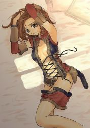 Rule 34 | 00s, 1girl, arms up, bed, belt, breasts, brown hair, detached sleeves, final fantasy, final fantasy xi, hume, lace, long hair, looking at viewer, lying, nipple slip, nipples, no panties, open clothes, open shirt, pillow, puipui, shirt, shorts, small breasts, solo