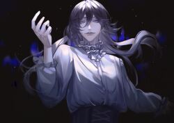 Rule 34 | 1boy, absurdres, arm up, bai liu, brown hair, corset, frilled shirt collar, frilled sleeves, frills, gem, highres, i became a god in a horror game, long hair, looking at viewer, male focus, shengshu492, solo, upper body