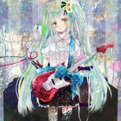 Rule 34 | 1girl, aqua hair, asymmetrical legwear, bad id, bad pixiv id, flower, guitar, hair flower, hair ornament, hatsune miku, instrument, jewelry, long hair, lulubebe, mismatched legwear, mouse (computer), necklace, pantyhose, pearl necklace, ribbon, solo, thighhighs, tree, twintails, very long hair, vocaloid