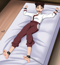 Rule 34 | 1girl, absurdres, ball gag, barefoot, bdsm, body blush, bondage, bound, bound ankles, bound wrists, breasts, brown eyes, brown hair, chain, chained, chained wrists, gag, gagged, highres, naruto (series), naruto shippuuden, on bed, shadow xcp, tenten (naruto)