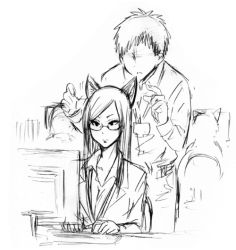 Rule 34 | 1boy, 1girl, animal ears, business suit, formal, fumitan (humitan), glasses, greyscale, keyboard (computer), long hair, monitor, monochrome, office lady, original, parted lips, suit