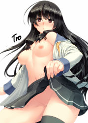 Rule 34 | 10s, 1girl, black hair, black thighhighs, blush, breasts, hair ribbon, heart, heart-shaped pupils, isokaze (kancolle), kantai collection, long hair, looking at viewer, nipples, no bra, no panties, open clothes, open shirt, pleated skirt, red eyes, ribbon, school uniform, serafuku, shirt, simple background, single thighhigh, skirt, solo, symbol-shaped pupils, thighhighs, tro (trombe), white background