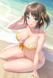 Rule 34 | 1girl, beach, bikini, blue eyes, blush, breasts, brown hair, censored, cleavage, collarbone, colored eyelashes, hair ribbon, highres, jacket, kawase seiki, large breasts, looking at viewer, navel, open mouth, outdoors, ribbon, ronye arabel, short hair, side-tie bikini bottom, smile, solo, swimsuit, sword art online, thighs, twintails, water, wet, yellow bikini