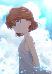 Rule 34 | 1girl, arms behind back, blue eyes, brown hair, closed mouth, cloud, dress, from side, haibara ai, hair between eyes, highres, meitantei conan, short hair, signature, sleeveless, sleeveless dress, smile, solo, sooma4869, standing, sundress, white dress