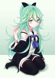 Rule 34 | 10s, 1girl, aqua eyes, aqua hair, bare shoulders, black bow, black ribbon, black serafuku, black skirt, black thighhighs, blue neckerchief, blush, bow, choker, closed mouth, detached sleeves, frown, full body, gradient background, green background, green hair, hair between eyes, hair bow, hair ornament, hair ribbon, hairclip, hand up, high ponytail, highres, kantai collection, long hair, looking at viewer, neckerchief, okyao, parted bangs, pleated skirt, ponytail, ribbon, school uniform, serafuku, simple background, sitting, skirt, solo, thighhighs, wariza, wide sleeves, yamakaze (kancolle)