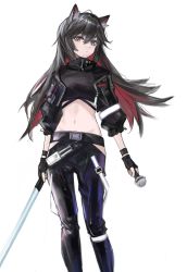 Rule 34 | 1girl, absurdres, ahoge, ambience synesthesia, animal ear fluff, animal ears, arknights, black hair, black pants, black shirt, brown eyes, colored inner hair, cropped shirt, feet out of frame, groin, hair between eyes, highres, hip vent, holding, holding microphone, holding sword, holding weapon, long hair, looking at viewer, microphone, midriff, multicolored hair, navel, official alternate costume, pants, red hair, shirt, shuimo, simple background, solo, sword, texas (arknights), two-tone hair, weapon, white background, wolf ears, wolf girl