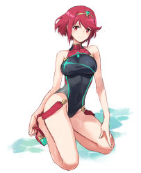 Rule 34 | 1girl, black one-piece swimsuit, blush, breasts, closed eyes, commentary request, competition swimsuit, covered navel, full body, highres, large breasts, light smile, looking at viewer, nintendo, one-piece swimsuit, pyra (pro swimmer) (xenoblade), pyra (xenoblade), red eyes, red hair, red one-piece swimsuit, short hair, simple background, sitting, sketch, smile, solo, swimsuit, tugo, two-tone swimsuit, wariza, white background, xenoblade chronicles (series), xenoblade chronicles 2