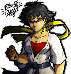Rule 34 | 1girl, artist name, black hair, breasts, brown eyes, capcom, choker, cleavage, clenched hand, dougi, frown, makoto (street fighter), pltnm ghost, ribbon choker, scarf, short hair, solo, sports bra, street fighter, street fighter iii (series), tomboy, transparent background