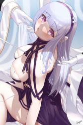 Rule 34 | 1girl, azur lane, bare shoulders, between breasts, blunt bangs, blush, breasts, cleavage, dido (anxious bisque doll) (azur lane), dido (azur lane), dress, from side, gloves, hairband, highres, holding, holding own hair, large breasts, long hair, long sleeves, looking at viewer, looking to the side, megumi kei, official alternate costume, open mouth, purple dress, purple eyes, purple hairband, shawl, silver hair, sitting, sleeveless, sleeveless dress, solo focus, wariza, white gloves