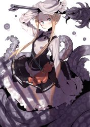 Rule 34 | 1girl, abigail williams (fate), abigail williams (festival outfit) (fate), absurdres, arm up, black dress, blonde hair, blush, braid, breasts, closed mouth, collared dress, commentary request, dress, fate/grand order, fate (series), forehead, heroic spirit chaldea park outfit, highres, holding, keyhole, long hair, long sleeves, looking at viewer, official alternate costume, parted bangs, pleated dress, rahanachi, shirt, simple background, sleeves past fingers, sleeves past wrists, small breasts, solo, stuffed animal, stuffed toy, suction cups, teddy bear, tentacles, very long hair, white background, white shirt