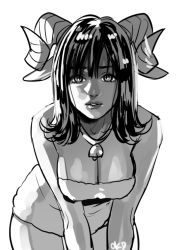 Rule 34 | 1girl, animal ears, bell, neck bell, breasts, cleavage, collar, dress, female focus, greyscale, horns, large breasts, lips, long hair, looking at viewer, monochrome, okada (hoooojicha), sheep ears, sheep horns, sketch, solo, strapless, strapless dress, v arms