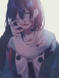 Rule 34 | 1girl, bandaid, bandaid on cheek, bandaid on face, blood, detached sleeves, eyepatch, grey background, hair between eyes, injury, kantai collection, licking, licking finger, nosebleed, rinto (rint rnt), scarf, sendai (kancolle), sendai kai ni (kancolle), simple background, solo, tongue, two side up, upper body, white scarf
