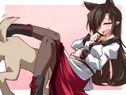 Rule 34 | 1girl, animal ears, bestiality, black pantyhose, blush, boots, brooch, collarbone, cross-laced footwear, dog, extra ears, closed eyes, fang, hemogurobin a1c, imaizumi kagerou, implied cunnilingus, jewelry, juliet sleeves, long hair, long sleeves, open mouth, pantyhose, puffy sleeves, shirt, sitting, skirt, solo, touhou, trembling, very long hair, wolf ears